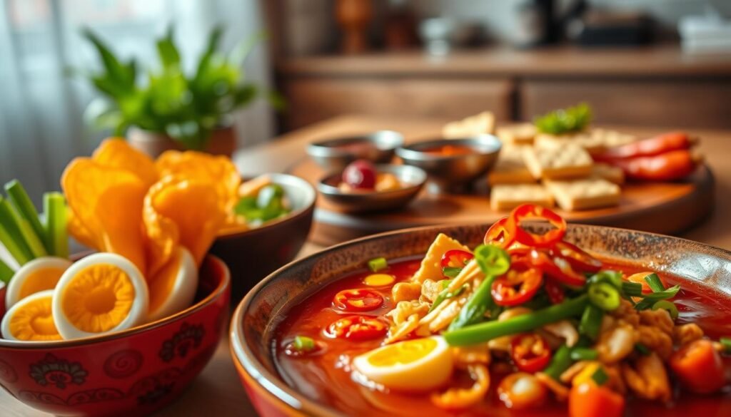 A beautifully arranged serving of spicy seblak, showcasing various colorful ingredients like boiled eggs, crispy crackers, and fresh vegetables in a vibrant bowl. In the foreground, the bowl is garnished with green scallions and red chili slices, enhancing the visual appeal. The middle section features an elegant wooden platter with side dishes, such as tofu slices and a small dipping sauce, surrounded by artistic plating. In the background, a softly lit kitchen setting creates an inviting atmosphere, hinting at home cooking. Use warm lighting to emphasize the rich colors of the ingredients and a shallow depth of field to focus on the seblak, capturing the deliciousness and vibrancy of this traditional dish. The image should evoke a sense of warmth and comfort, perfect for showcasing culinary delights.