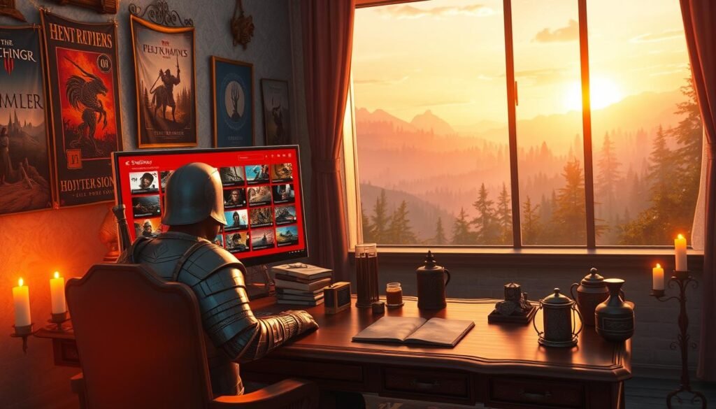 A captivating digital artwork showcasing a vibrant scene inspired by the Steam Workshop for "The Witcher 3: Wild Hunt." In the foreground, focus on a stylized character resembling a witcher in polished armor, browsing through an array of colorful mod thumbnails on a sleek gaming PC set up on an ornate wooden desk cluttered with game-related accessories. The middle ground features a softly lit room adorned with fantasy-themed posters and candles, creating an immersive atmosphere. In the background, a large window reveals a picturesque fantasy landscape, featuring lush forests and distant mountains under a warm sunset sky. Use warm, inviting lighting to enhance the mood, with a slight blur effect mimicking a shallow depth of field for a professional look. A captivating digital artwork showcasing a vibrant scene inspired by the Steam Workshop for "The Witcher 3: Wild Hunt." In the foreground, focus on a stylized character resembling a witcher in polished armor, browsing through an array of colorful mod thumbnails on a sleek gaming PC set up on an ornate wooden desk cluttered with game-related accessories. The middle ground features a softly lit room adorned with fantasy-themed posters and candles, creating an immersive atmosphere. In the background, a large window reveals a picturesque fantasy landscape, featuring lush forests and distant mountains under a warm sunset sky. Use warm, inviting lighting to enhance the mood, with a slight blur effect mimicking a shallow depth of field for a professional look.