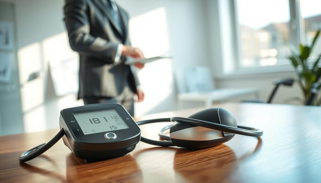 A close-up shot of a blood pressure monitor resting on a wooden table in a bright, modern clinic. In the foreground, the sleek device displays clear readings, with a stethoscope elegantly draped nearby. Soft, natural light filters through a nearby window, creating warm highlights on the polished surface. In the middle ground, a healthcare professional, dressed in smart business attire, prepares to take a patient’s blood pressure, exuding confidence and professionalism. Behind them, blurred medical charts and a calming indoor plant suggest a reassuring, health-focused environment. The overall mood is one of trust and diligence, emphasizing the importance of regular hypertension testing in a preventive care setting.