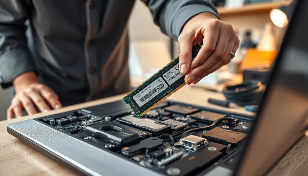 A close-up view of a laptop being upgraded, showcasing the internals of a laptop with RAM and SSD components prominently displayed. In the foreground, a skilled technician, wearing a neat business casual outfit, is carefully handling the RAM and SSD. The middle ground captures the open laptop, revealing a modern design with organized wiring, highlighting the slots for RAM and SSD. The background is softly blurred, depicting a tidy workspace with tools and a light source casting a warm glow. The overall mood is professional and focused, conveying a sense of technical expertise and the rewarding process of hardware upgrades. The image should be well-lit, emphasizing the details of the components and the technician's hands in action.