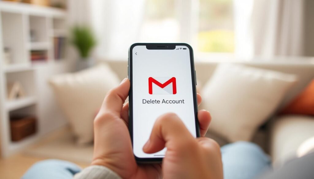 A close-up view of a smartphone displaying the Gmail application interface, focusing on the "Delete Account" option highlighted in a clean, user-friendly layout. The foreground features the smartphone held by a pair of hands wearing modest casual clothing, indicating a user engaged in a task. In the middle, the Gmail app's vibrant red logo and simple icons stand out prominently against a soft background. The background illustrates a cozy home environment, with natural light softly illuminating the scene, creating a warm and inviting atmosphere. The image captures a moment of concentration, showcasing the ease and accessibility of managing accounts through the app while maintaining professionalism and clarity. A close-up view of a smartphone displaying the Gmail application interface, focusing on the "Delete Account" option highlighted in a clean, user-friendly layout. The foreground features the smartphone held by a pair of hands wearing modest casual clothing, indicating a user engaged in a task. In the middle, the Gmail app's vibrant red logo and simple icons stand out prominently against a soft background. The background illustrates a cozy home environment, with natural light softly illuminating the scene, creating a warm and inviting atmosphere. The image captures a moment of concentration, showcasing the ease and accessibility of managing accounts through the app while maintaining professionalism and clarity.