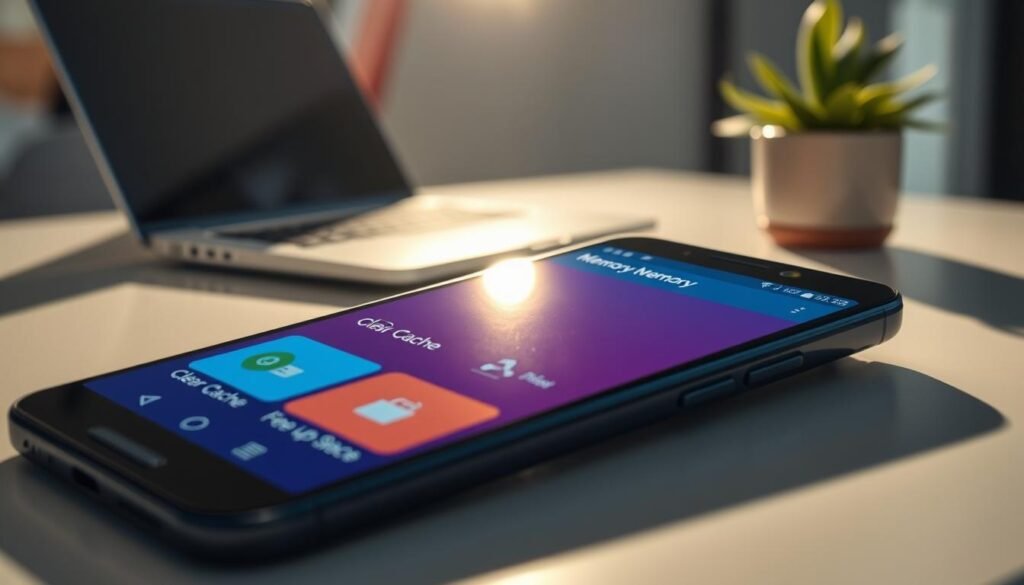 A close-up view of an Android smartphone screen displaying the built-in memory cleaning feature. The foreground features the smartphone prominently, with the memory management interface highlighted, showing colorful icons for 'Clear Cache' and 'Free Up Space'. In the middle ground, soft shadows cast by ambient light create a sleek, modern atmosphere. The background features a stylish, minimalistic workspace, with a blurred view of a laptop and a potted plant, suggesting productivity and efficiency. The lighting is bright and inviting, emphasizing the cutting-edge technology of the smartphone. The overall mood is clean, organized, and focused on tech-savvy solutions. A close-up view of an Android smartphone screen displaying the built-in memory cleaning feature. The foreground features the smartphone prominently, with the memory management interface highlighted, showing colorful icons for 'Clear Cache' and 'Free Up Space'. In the middle ground, soft shadows cast by ambient light create a sleek, modern atmosphere. The background features a stylish, minimalistic workspace, with a blurred view of a laptop and a potted plant, suggesting productivity and efficiency. The lighting is bright and inviting, emphasizing the cutting-edge technology of the smartphone. The overall mood is clean, organized, and focused on tech-savvy solutions.