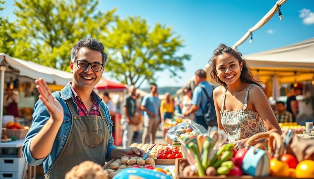 A collection of small business ideas for 2025, depicted in a vibrant market setting. In the foreground, a cheerful vendor selling homemade baked goods, dressed in casual but professional attire, gestures invitingly. Beside them, a young entrepreneur showcases handmade crafts, with colorful products displayed. In the middle ground, customers browse various stalls filled with organic produce, artisanal products, and unique items, conveying a sense of community and entrepreneurship. The background features a sunny day with a clear blue sky and green trees, enhancing the optimistic atmosphere. Soft natural lighting highlights the smiling faces of the vendors and customers, while a shallow depth of field focuses on the vibrant details of the market scene. The overall mood is energetic and inspiring, reflecting the potential for success in small businesses.