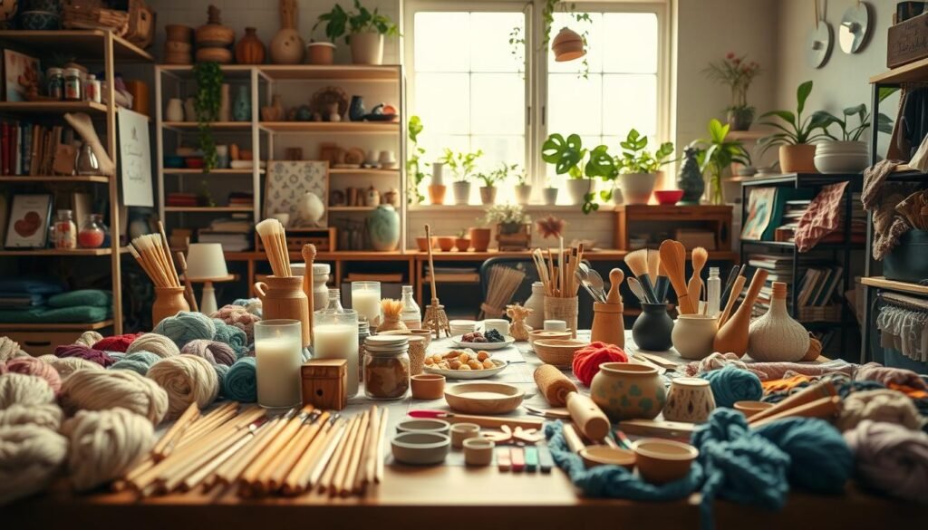 A cozy and inviting workspace showcasing handmade crafts and DIY products. In the foreground, a beautifully arranged collection of vibrant colored yarns, wooden tools, and finished craft items like decorative candles and intricate pottery. The middle features a well-organized table littered with art supplies, including paints, brushes, and fabric swatches, all bathed in warm, soft light that creates an atmosphere of creativity. In the background, shelves filled with more unique handcrafted items and plants, adding a touch of nature. The angle is slightly elevated, capturing the entire table while emphasizing the craftsmanship. Overall, the mood is inspirational and productive, inviting viewers to explore their own creative potentials.