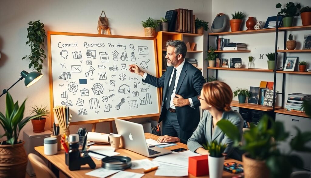 A cozy home office setting showcasing diverse business ideas for homemakers and men. In the foreground, a woman in smart casual attire sits at a desk, brainstorming with a laptop and documents scattered around, surrounded by creative inspiration like sketches and product samples. In the middle, a man dressed in professional attire stands beside her, discussing ideas while pointing at a whiteboard filled with illustrated business concepts. The background features warm lighting, potted plants, and shelves with books and crafts, creating an inviting atmosphere. The scene conveys collaboration, creativity, and the entrepreneurial spirit, ideal for home-based business initiatives in 2025.