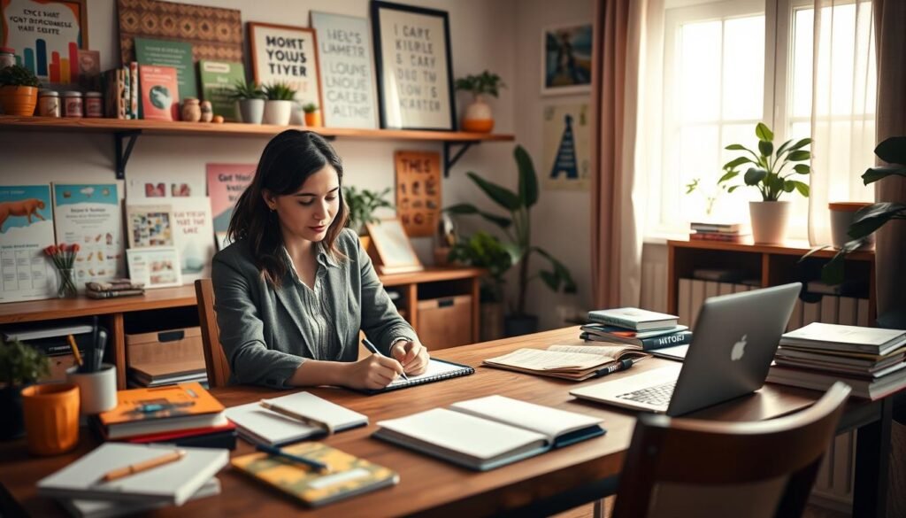 A cozy home office setup with a wooden desk cluttered with items representing a small business, like notebooks, a laptop, and creative marketing materials. In the foreground, a woman in smart casual attire is writing in a planner, looking thoughtfully at her work. The middle ground features shelves filled with colorful product samples, plants, and motivational posters. The background shows a sunlit window with curtains gently billowing, creating a warm atmosphere. Soft, natural lighting enhances the scene, and a slight depth of field gives a professional touch. The overall mood is inspiring and entrepreneurial, capturing the essence of starting and growing a home-based business.