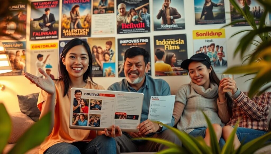A cozy living room scene featuring a diverse group of friends discussing Indonesian films. In the foreground, a young woman of Indonesian descent holds a laptop, showcasing a colorful movie list; her expression is animated and engaged. Beside her, a middle-aged man gestures enthusiastically, emphasizing a point, while another friend leans in, sipping a drink, nodding in agreement. The background depicts a wall adorned with posters of popular Indonesian films, vibrant colors, and cultural elements. Soft, warm lighting casts a welcoming glow, and the setting is framed with plants for a relaxed atmosphere. The overall mood is friendly and inviting, perfect for film discussions. A cozy living room scene featuring a diverse group of friends discussing Indonesian films. In the foreground, a young woman of Indonesian descent holds a laptop, showcasing a colorful movie list; her expression is animated and engaged. Beside her, a middle-aged man gestures enthusiastically, emphasizing a point, while another friend leans in, sipping a drink, nodding in agreement. The background depicts a wall adorned with posters of popular Indonesian films, vibrant colors, and cultural elements. Soft, warm lighting casts a welcoming glow, and the setting is framed with plants for a relaxed atmosphere. The overall mood is friendly and inviting, perfect for film discussions.