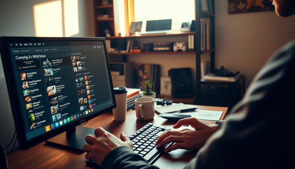 A creative workspace featuring a detailed mod management interface for a video game, set in a cozy room. In the foreground, a sleek computer screen displays an organized list of mods for The Witcher 3: Wild Hunt, with colorful icons representing various mods. A pair of hands, dressed in casual attire, are poised on the keyboard, actively engaged in clicking and managing the mods. In the middle ground, a desk cluttered with gaming paraphernalia: game manuals, a coffee mug, and a small plant, adds warmth. The background features a softly lit shelf lined with gaming collectibles, casting a relaxed and focused atmosphere. The lighting is warm and inviting, suggesting a late afternoon vibe, with soft rays illuminating the workspace. A creative workspace featuring a detailed mod management interface for a video game, set in a cozy room. In the foreground, a sleek computer screen displays an organized list of mods for The Witcher 3: Wild Hunt, with colorful icons representing various mods. A pair of hands, dressed in casual attire, are poised on the keyboard, actively engaged in clicking and managing the mods. In the middle ground, a desk cluttered with gaming paraphernalia: game manuals, a coffee mug, and a small plant, adds warmth. The background features a softly lit shelf lined with gaming collectibles, casting a relaxed and focused atmosphere. The lighting is warm and inviting, suggesting a late afternoon vibe, with soft rays illuminating the workspace.