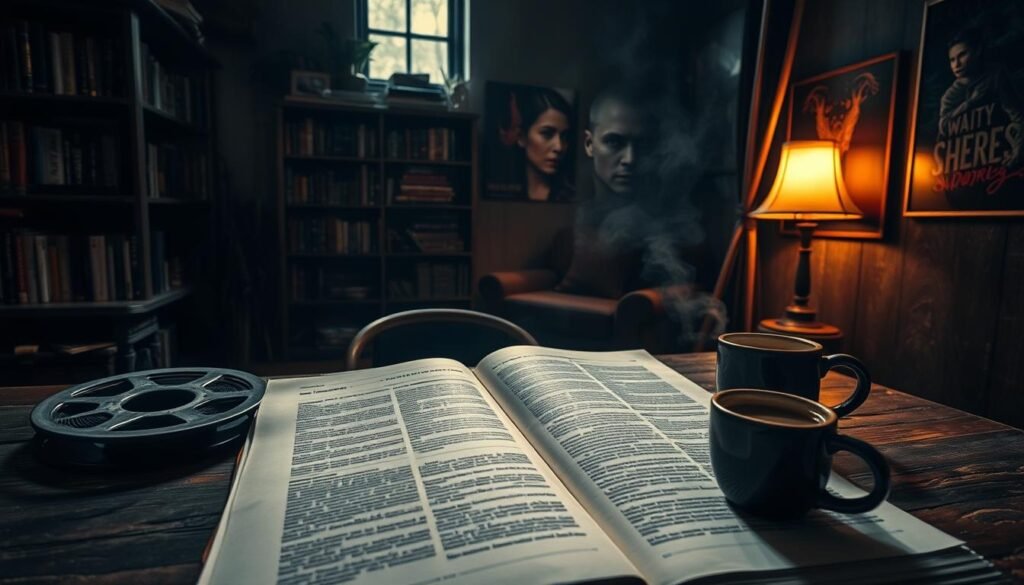 A dark-themed, atmospheric representation of a film review setting focused on "Shutter" Indonesia. In the foreground, an open film script lies on a rustic wooden table, surrounded by an old film reel and a steaming cup of coffee. The middle layer features a cozy, dimly lit corner of a cinephile's study, with bookshelves filled with horror and thriller novels. The background showcases a shadowy wall adorned with haunting movie posters, evoking a sense of intrigue and suspense. Soft, warm lighting filters through a nearby window, creating dramatic shadows. The overall mood is mysterious and engaging, inviting viewers into the world of Indonesian cinema, particularly the unique elements of "Shutter." The image should be captured at an angle that highlights the script and film elements prominently, maintaining a clear focus on the film review theme. A dark-themed, atmospheric representation of a film review setting focused on "Shutter" Indonesia. In the foreground, an open film script lies on a rustic wooden table, surrounded by an old film reel and a steaming cup of coffee. The middle layer features a cozy, dimly lit corner of a cinephile's study, with bookshelves filled with horror and thriller novels. The background showcases a shadowy wall adorned with haunting movie posters, evoking a sense of intrigue and suspense. Soft, warm lighting filters through a nearby window, creating dramatic shadows. The overall mood is mysterious and engaging, inviting viewers into the world of Indonesian cinema, particularly the unique elements of "Shutter." The image should be captured at an angle that highlights the script and film elements prominently, maintaining a clear focus on the film review theme.