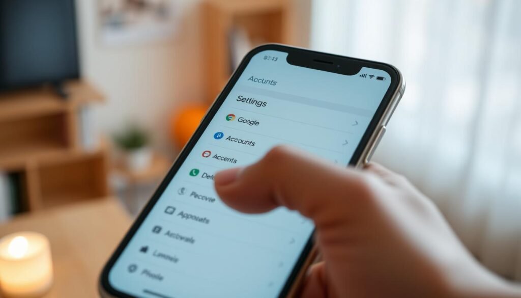 A detailed view of a smartphone screen displaying the "Settings" menu in a modern, user-friendly interface. The screen should show options like "Accounts," "Google," and "Delete Account," with icons clearly visible. The foreground features a hand poised over the screen, indicating an action about to be taken, wearing a modest business attire. In the middle ground, include a soft glow from the phone screen illuminating the hand and creating a warm, focused atmosphere. The background is softly blurred to emphasize the phone and hand, with subtle hints of a cozy room, like a small table or a bookshelf, in neutral colors. The lighting is bright but gentle, ensuring everything is clearly visible without harsh contrasts, conveying an informative yet approachable mood. A detailed view of a smartphone screen displaying the "Settings" menu in a modern, user-friendly interface. The screen should show options like "Accounts," "Google," and "Delete Account," with icons clearly visible. The foreground features a hand poised over the screen, indicating an action about to be taken, wearing a modest business attire. In the middle ground, include a soft glow from the phone screen illuminating the hand and creating a warm, focused atmosphere. The background is softly blurred to emphasize the phone and hand, with subtle hints of a cozy room, like a small table or a bookshelf, in neutral colors. The lighting is bright but gentle, ensuring everything is clearly visible without harsh contrasts, conveying an informative yet approachable mood.
