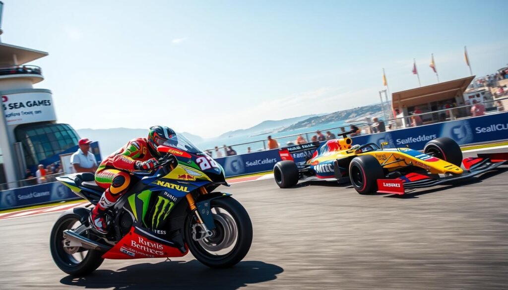 A dynamic scene showcasing the excitement of MotoGP and Formula 1 racing during the 2025 Sea Games. In the foreground, a MotoGP motorcycle speeds past with a professional rider in bright racing gear, showcasing action and adrenaline. In the middle ground, an F1 car zooms along the track, with vibrant team colors and sponsors visible on the sleek body. The background features a picturesque coastal landscape, with cheering crowds and banners celebrating the Sea Games. Bright daylight illuminates the scene, emphasizing the vibrant colors of the vehicles and the energy of the event. The atmosphere is electric, filled with a sense of competition and pride as athletes showcase their skills in a stunning setting. The image captures the spirit of high-speed racing and sportsmanship. A dynamic scene showcasing the excitement of MotoGP and Formula 1 racing during the 2025 Sea Games. In the foreground, a MotoGP motorcycle speeds past with a professional rider in bright racing gear, showcasing action and adrenaline. In the middle ground, an F1 car zooms along the track, with vibrant team colors and sponsors visible on the sleek body. The background features a picturesque coastal landscape, with cheering crowds and banners celebrating the Sea Games. Bright daylight illuminates the scene, emphasizing the vibrant colors of the vehicles and the energy of the event. The atmosphere is electric, filled with a sense of competition and pride as athletes showcase their skills in a stunning setting. The image captures the spirit of high-speed racing and sportsmanship.