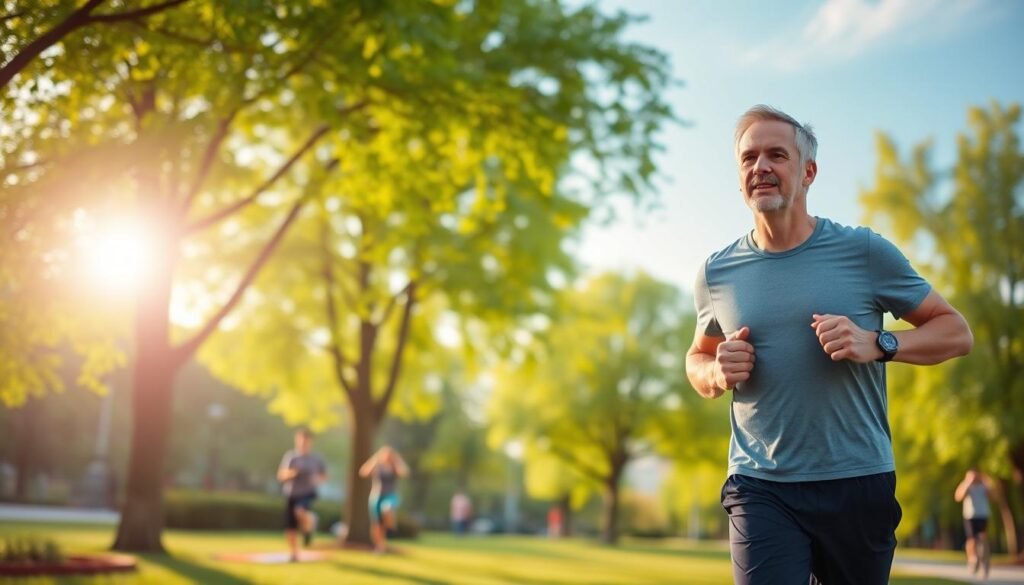 A fit middle-aged man in modest athletic wear jogging in a lush park during early morning. The foreground showcases him mid-stride with a look of determination and focus on his face. In the middle ground, vibrant green trees sway gently in the morning breeze, and a few people are seen engaging in various exercises, such as yoga and cycling. The background features a clear blue sky with the soft glow of the sun rising, creating a warm, uplifting atmosphere. The lighting is soft yet bright, giving the scene an invigorating and refreshing feel, highlighting the health benefits of regular exercise. The composition includes a slight upward angle to emphasize the man’s dynamic movement and the vitality of an active lifestyle.