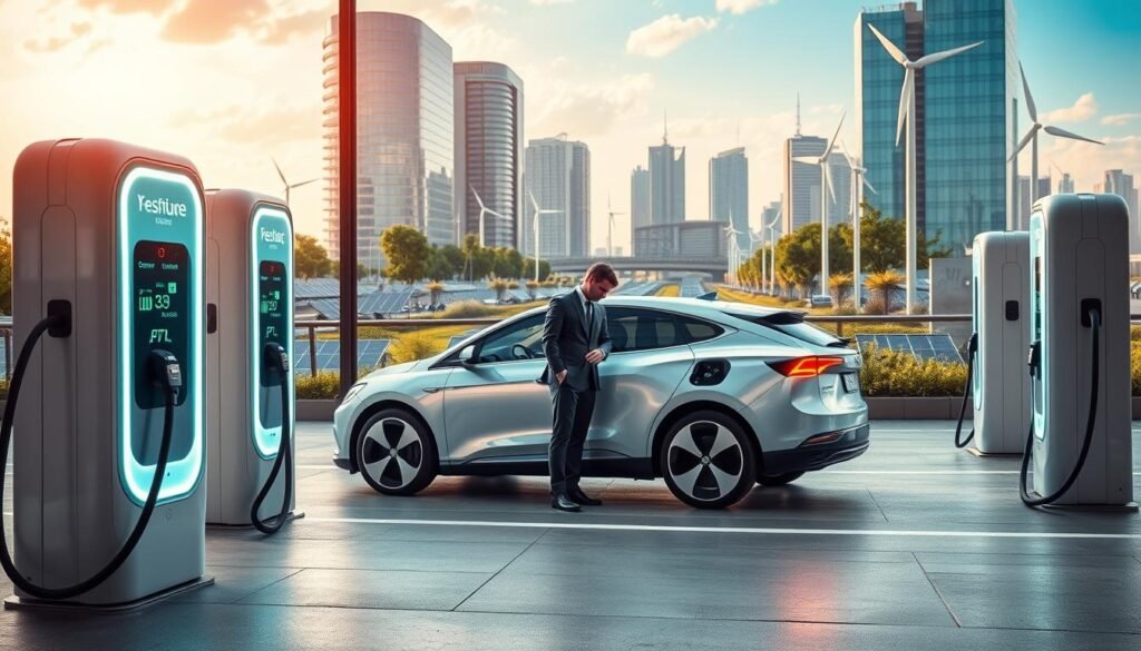 A futuristic electric vehicle charging infrastructure in a modern cityscape, showcasing sleek charging stations designed for solid-state battery technology. In the foreground, a well-lit charging station with multiple charging ports, featuring an advanced display panel showing charging status. In the middle, a stylish electric vehicle parked, gleaming under ambient lighting, with a person in professional business attire inspecting the charging interface. The background includes an urban skyline with green spaces, solar panels, and wind turbines, symbolizing sustainability. Utilize a wide-angle lens perspective to capture the bustling atmosphere, with a bright and optimistic mood, enhancing the sense of innovation and the future of automotive technology. A futuristic electric vehicle charging infrastructure in a modern cityscape, showcasing sleek charging stations designed for solid-state battery technology. In the foreground, a well-lit charging station with multiple charging ports, featuring an advanced display panel showing charging status. In the middle, a stylish electric vehicle parked, gleaming under ambient lighting, with a person in professional business attire inspecting the charging interface. The background includes an urban skyline with green spaces, solar panels, and wind turbines, symbolizing sustainability. Utilize a wide-angle lens perspective to capture the bustling atmosphere, with a bright and optimistic mood, enhancing the sense of innovation and the future of automotive technology.