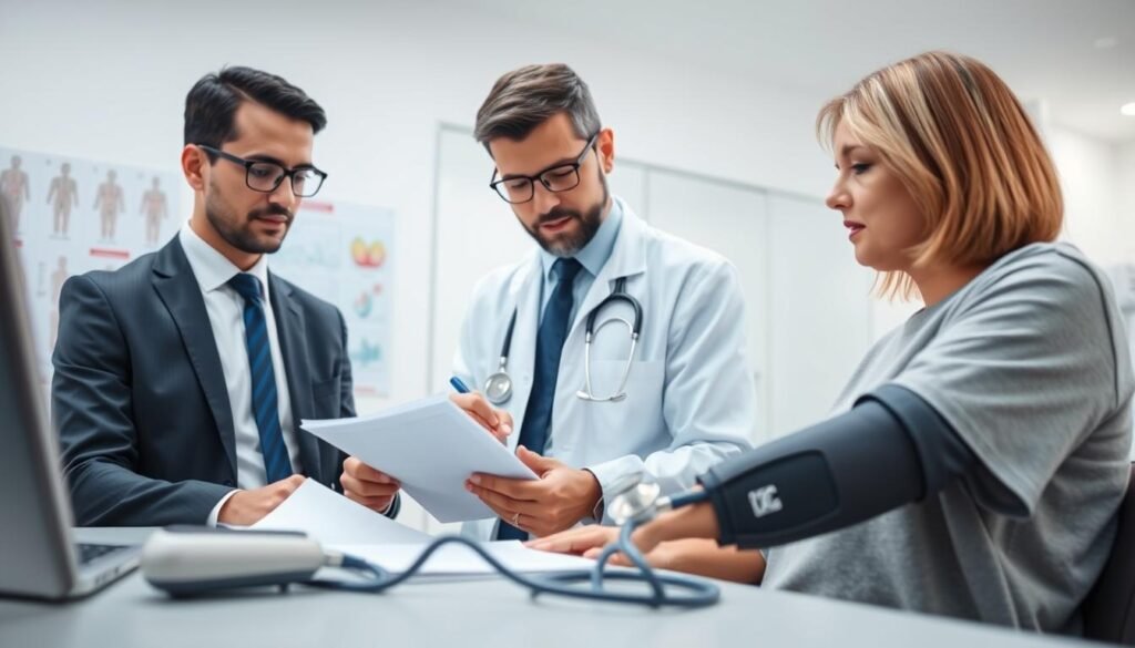 A healthcare professional, dressed in a smart business attire, attentively examining a patient's medical chart in a modern clinic. In the foreground, display a stethoscope and blood pressure monitor, symbolizing medical assessment of hypertension. The middle ground features the doctor writing down notes, showing focus and professionalism, while the patient, wearing modest casual clothing, appears calm and engaged in the discussion. The background reveals a bright, sterile clinic environment with medical posters on the walls, enhancing the informative atmosphere. Soft, ambient lighting highlights the scene, creating a sense of trust and care. Use a slight angle to capture both the doctor and patient interaction, emphasizing the medical handling of high blood pressure.