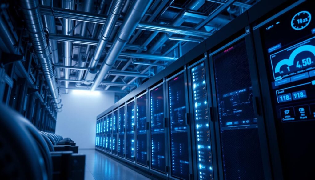 A high-tech data center featuring an advanced cooling system, showcasing sleek, metallic cooling units designed for efficiency. In the foreground, visualize intricate piping and ventilation systems, with glowing LED indicators signaling optimal functioning. The middle ground reveals rows of powerful servers, each emitting soft blue light, creating a futuristic ambiance. In the background, a digital dashboard displays real-time analytics and temperature controls. The scene is illuminated by soft, cool-toned lighting, which enhances the high-tech atmosphere while casting subtle shadows. The perspective is an angled view from slightly above, giving depth to the composition. The overall mood conveys innovation and precision, reflecting the cutting-edge technology used in AI data centers. A high-tech data center featuring an advanced cooling system, showcasing sleek, metallic cooling units designed for efficiency. In the foreground, visualize intricate piping and ventilation systems, with glowing LED indicators signaling optimal functioning. The middle ground reveals rows of powerful servers, each emitting soft blue light, creating a futuristic ambiance. In the background, a digital dashboard displays real-time analytics and temperature controls. The scene is illuminated by soft, cool-toned lighting, which enhances the high-tech atmosphere while casting subtle shadows. The perspective is an angled view from slightly above, giving depth to the composition. The overall mood conveys innovation and precision, reflecting the cutting-edge technology used in AI data centers.