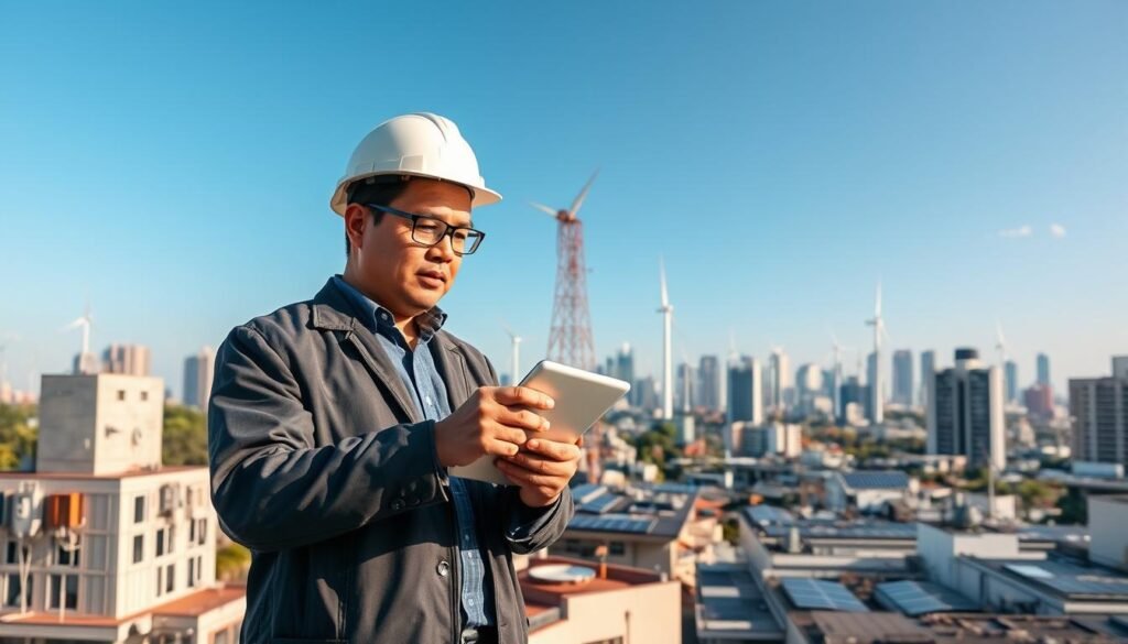 A modern cityscape showcasing the development of smart grid technology in Indonesia. In the foreground, an engineer in professional attire examines a digital tablet displaying energy data. The middle ground features smart energy meters and solar panels on rooftops of modern buildings, illustrating renewable energy integration. Wind turbines can be seen in the distance against a clear blue sky, representing sustainable energy solutions. The background includes a city skyline with high-tech grid interfaces overlaying the buildings, illuminated by soft daylight. The scene conveys a sense of innovation and progress in energy management, bathed in warm, natural sunlight to enhance the optimistic atmosphere. The composition should be shot with a wide-angle lens to capture the bustling energy of the city. A modern cityscape showcasing the development of smart grid technology in Indonesia. In the foreground, an engineer in professional attire examines a digital tablet displaying energy data. The middle ground features smart energy meters and solar panels on rooftops of modern buildings, illustrating renewable energy integration. Wind turbines can be seen in the distance against a clear blue sky, representing sustainable energy solutions. The background includes a city skyline with high-tech grid interfaces overlaying the buildings, illuminated by soft daylight. The scene conveys a sense of innovation and progress in energy management, bathed in warm, natural sunlight to enhance the optimistic atmosphere. The composition should be shot with a wide-angle lens to capture the bustling energy of the city.