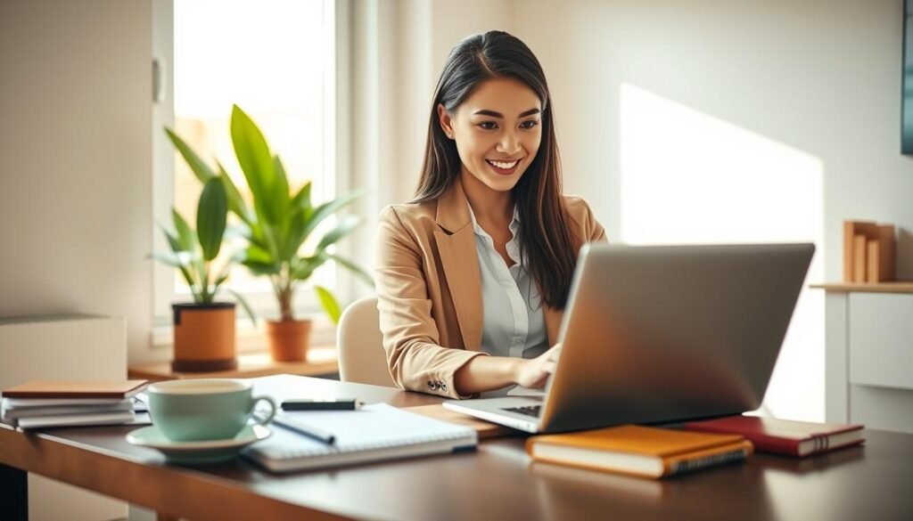 A modern home office scene illustrating profitable online service business options without capital. In the foreground, a young professional woman dressed in smart casual attire is working on a laptop, showcasing her focused expression. The middle ground features a stylish desk cluttered with notebooks, a smartphone, and a coffee cup, symbolizing productivity. In the background, a bright window allows natural light to flood the space, highlighting a vibrant indoor plant that adds life to the scene. The overall atmosphere is inspiring and empowering, with a warm color palette emphasizing optimism and creativity. Use a soft-focus lens effect to create depth, capturing the essence of entrepreneurship in a relaxed and inviting environment.