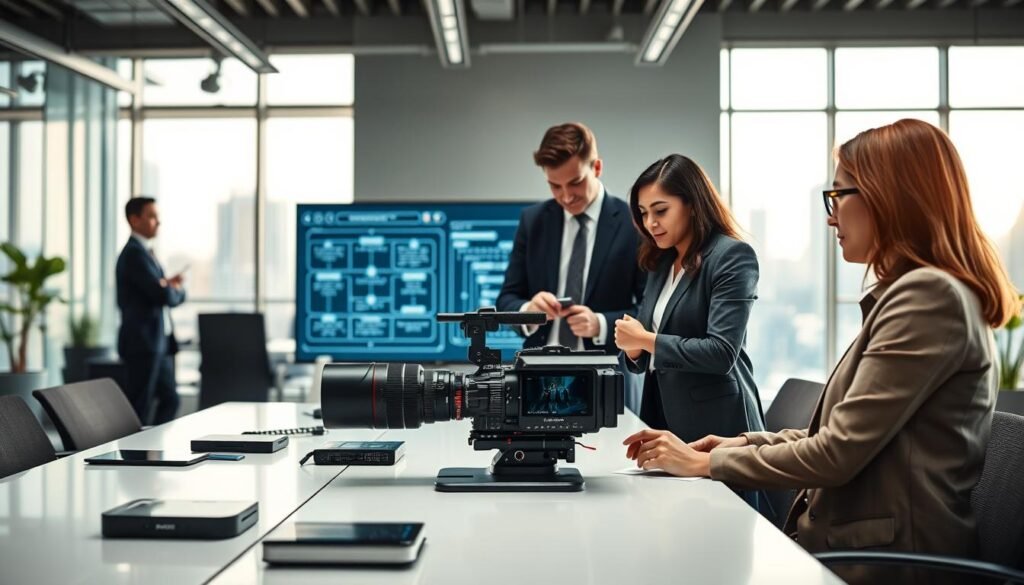 A modern office environment showcasing the concept of "Professional Workflow Integration" in the context of advanced 8K camera technology. In the foreground, a group of three diverse professionals, dressed in smart business attire, are engaged in a collaborative discussion, examining a high-end 8K camera on a sleek conference table. In the middle, the workspace features high-tech gadgets and a large digital monitor displaying a workflow diagram, symbolizing the integration of various technological elements. The background reveals a bright, airy office with large windows and city views, illuminated by soft natural lighting. The atmosphere is dynamic and focused, conveying innovation and teamwork. The image should have a contemporary aesthetic with a slight depth of field effect to emphasize the professionals' interaction. A modern office environment showcasing the concept of "Professional Workflow Integration" in the context of advanced 8K camera technology. In the foreground, a group of three diverse professionals, dressed in smart business attire, are engaged in a collaborative discussion, examining a high-end 8K camera on a sleek conference table. In the middle, the workspace features high-tech gadgets and a large digital monitor displaying a workflow diagram, symbolizing the integration of various technological elements. The background reveals a bright, airy office with large windows and city views, illuminated by soft natural lighting. The atmosphere is dynamic and focused, conveying innovation and teamwork. The image should have a contemporary aesthetic with a slight depth of field effect to emphasize the professionals' interaction.