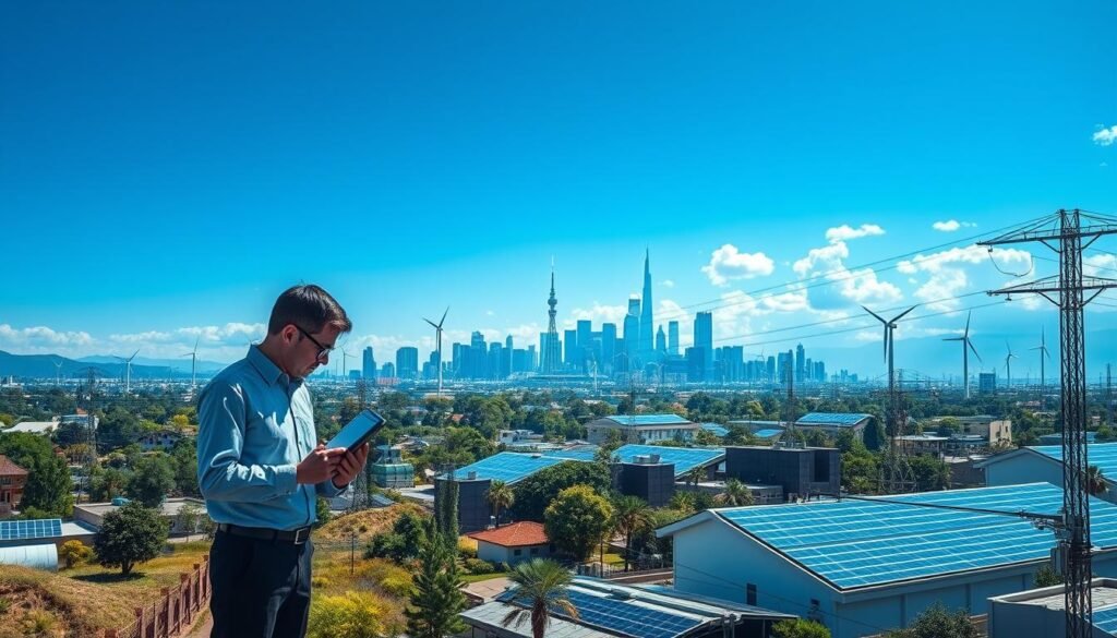 A modern smart grid landscape depicting both challenges and strategies in energy implementation. In the foreground, an engineer in professional clothing analyzes data on a digital tablet, symbolizing the human element of technology. The middle ground features a sleek, futuristic city skyline powered by renewable energy sources, with wind turbines and solar panels integrated into rooftops. In the background, a bright blue sky enhances the scene, while subtle dark clouds symbolize potential challenges. The lighting is bright and optimistic, suggesting innovation, with soft shadows to create depth. The angle is slightly elevated, providing a comprehensive view of the city’s smart grid infrastructure, emphasizing both technological advancement and the hurdles faced in transitioning to a smarter energy system. A modern smart grid landscape depicting both challenges and strategies in energy implementation. In the foreground, an engineer in professional clothing analyzes data on a digital tablet, symbolizing the human element of technology. The middle ground features a sleek, futuristic city skyline powered by renewable energy sources, with wind turbines and solar panels integrated into rooftops. In the background, a bright blue sky enhances the scene, while subtle dark clouds symbolize potential challenges. The lighting is bright and optimistic, suggesting innovation, with soft shadows to create depth. The angle is slightly elevated, providing a comprehensive view of the city’s smart grid infrastructure, emphasizing both technological advancement and the hurdles faced in transitioning to a smarter energy system.