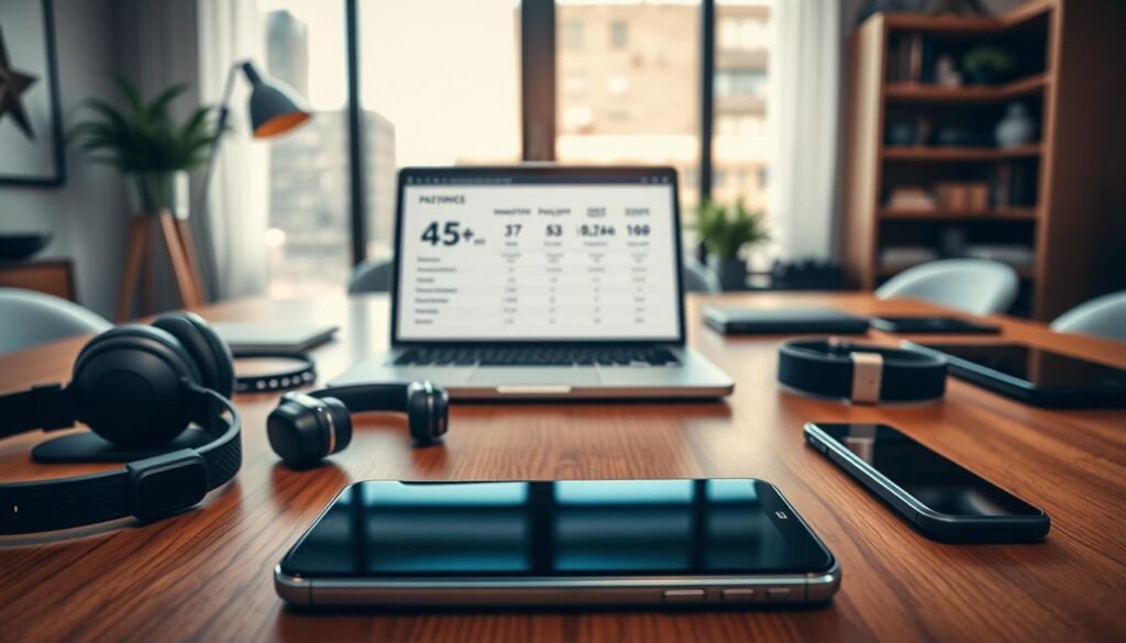 A modern, well-lit workspace featuring an elegant wooden desk with a sleek flagship smartphone placed prominently in the foreground. Surrounding the phone are various tech gadgets like headphones and a smartwatch, emphasizing a high-tech lifestyle. In the middle, a stylish laptop is open, displaying a technical comparison of smartphone specifications. The background showcases a large window with natural light streaming in, illuminating the workspace and creating an inviting atmosphere. Soft focus on the background elements helps highlight the smartphone and gadgets in the foreground. The overall mood is professional yet approachable, with warm tones to convey a sense of innovation and sophistication in choosing the right flagship smartphone. A modern, well-lit workspace featuring an elegant wooden desk with a sleek flagship smartphone placed prominently in the foreground. Surrounding the phone are various tech gadgets like headphones and a smartwatch, emphasizing a high-tech lifestyle. In the middle, a stylish laptop is open, displaying a technical comparison of smartphone specifications. The background showcases a large window with natural light streaming in, illuminating the workspace and creating an inviting atmosphere. Soft focus on the background elements helps highlight the smartphone and gadgets in the foreground. The overall mood is professional yet approachable, with warm tones to convey a sense of innovation and sophistication in choosing the right flagship smartphone.