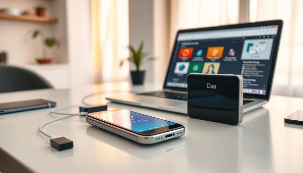 A modern workspace featuring external storage solutions for smartphones, with a sleek external hard drive and USB flash drives prominently placed on a stylish desk. In the foreground, a smartphone with a vibrant screen is connected to the external storage device, showcasing a simple file transfer interface. The middle ground includes a laptop displaying organization software for memory management. In the background, a well-lit room with warm, natural light filtering through a window, creating a calm and productive atmosphere. The overall mood is innovative and efficient, emphasizing the ease of using external storage to free up internal memory. No text, logos, or watermarks should be included. A modern workspace featuring external storage solutions for smartphones, with a sleek external hard drive and USB flash drives prominently placed on a stylish desk. In the foreground, a smartphone with a vibrant screen is connected to the external storage device, showcasing a simple file transfer interface. The middle ground includes a laptop displaying organization software for memory management. In the background, a well-lit room with warm, natural light filtering through a window, creating a calm and productive atmosphere. The overall mood is innovative and efficient, emphasizing the ease of using external storage to free up internal memory. No text, logos, or watermarks should be included.