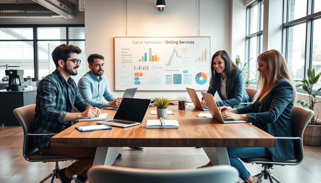 A modern workspace scene illustrating the concept of starting an online service business without capital. In the foreground, a diverse group of young entrepreneurs, two men and one woman, are collaborating at a stylish wooden table, discussing ideas with laptops and notebooks open. They are dressed in smart casual attire, conveying professionalism. In the middle ground, a whiteboard is filled with colorful charts and strategies for online business success, while a coffee maker adds a cozy touch. The background features a bright, airy office with large windows allowing natural light to flood in, creating an inspiring atmosphere. The mood is optimistic and energetic, encouraging innovation and collaboration. Focus on clarity and warmth, with soft lighting to enhance the inviting environment.