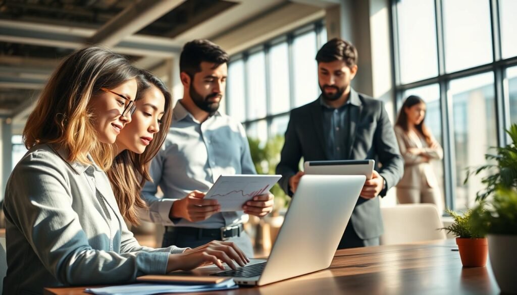 A professional business setting featuring a diverse group of individuals engaged in online financial management. In the foreground, a focused woman in professional attire analyzes data on a laptop, surrounded by graphs and charts displaying financial growth. In the middle ground, a man in a smart casual shirt discusses strategies with a colleague, holding a tablet showing trending financial metrics. The background features a modern workspace with large windows allowing natural light to illuminate the space, creating an uplifting atmosphere. Soft shadows enhance depth, highlighting the team's collaborative spirit. The color palette is warm and inviting, emphasizing productivity and professionalism, ideal for promoting sustainable business growth.