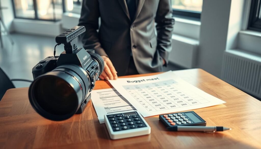 A professional camera enthusiast stands in a modern office environment, analyzing a sleek 8K camera and a detailed budget sheet spread out on a polished wooden table. The foreground features the camera with its lens glistening under soft, warm lighting, emphasizing its advanced technology. In the middle, the budget sheet displays various investment figures, surrounded by a calculator and notepad, conveying a meticulous assessment of costs. The background showcases a clean and minimalist design with large windows letting in natural light, creating a bright atmosphere that inspires thoughtful decision-making. The subject wears smart business attire, exuding professionalism and focus, while the mood captures a serious yet hopeful approach to balancing investment with necessity in camera technology. A professional camera enthusiast stands in a modern office environment, analyzing a sleek 8K camera and a detailed budget sheet spread out on a polished wooden table. The foreground features the camera with its lens glistening under soft, warm lighting, emphasizing its advanced technology. In the middle, the budget sheet displays various investment figures, surrounded by a calculator and notepad, conveying a meticulous assessment of costs. The background showcases a clean and minimalist design with large windows letting in natural light, creating a bright atmosphere that inspires thoughtful decision-making. The subject wears smart business attire, exuding professionalism and focus, while the mood captures a serious yet hopeful approach to balancing investment with necessity in camera technology.
