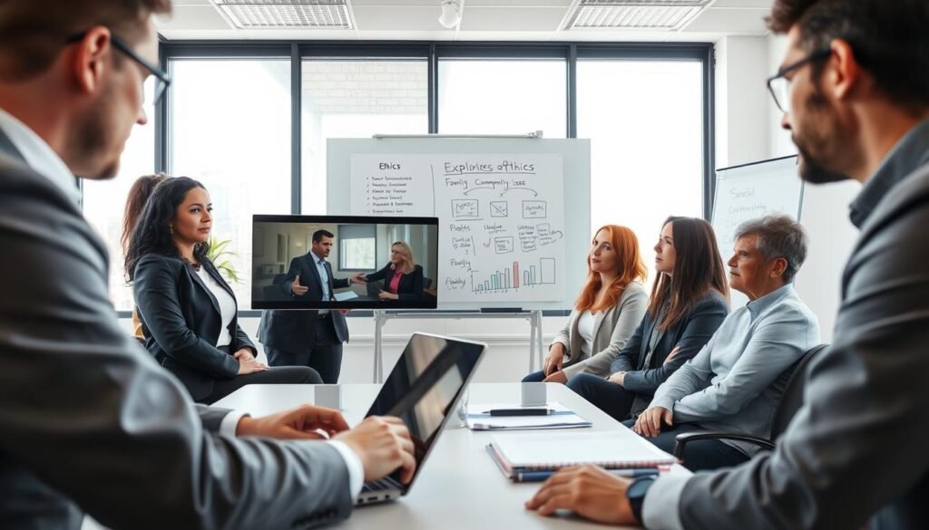 A professional meeting room setting filled with a diverse group of individuals engaging in serious discussion. In the foreground, a middle-aged man in formal business attire is showing a video on a laptop to an attentive audience, which includes two women and a man, all dressed in business casual attire. They appear to be reviewing a situation involving family complaints and community issues. The environment is well-lit, with natural light streaming through large windows, creating an open and transparent atmosphere. In the background, a whiteboard features notes and charts related to ethics and social implications. The mood is serious yet collaborative, reflecting the importance of the topic. The angle is slightly elevated, giving a comprehensive view of the interaction and the seriousness of the discussion.
