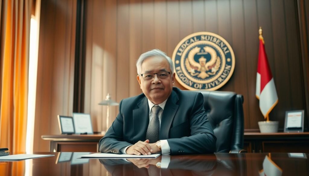 A professional scene depicting Rudy Susmanto, the Regent of Bogor, in a formal office setting. He is seated at a polished wooden desk with a government seal in the background, exuding authority and leadership. The foreground features a focused close-up of him, dressed in a tailored suit, looking confidently towards the viewer. The middle ground shows a large window with sunlight streaming in, casting warm, natural light across the room. In the background, there are official documents and a small Indonesian flag, symbolizing local governance. The atmosphere conveys a sense of urgency and responsiveness, reflecting a proactive government approach. The composition should be shot from a slight angle that emphasizes his position of influence, creating a strong and inspiring mood.