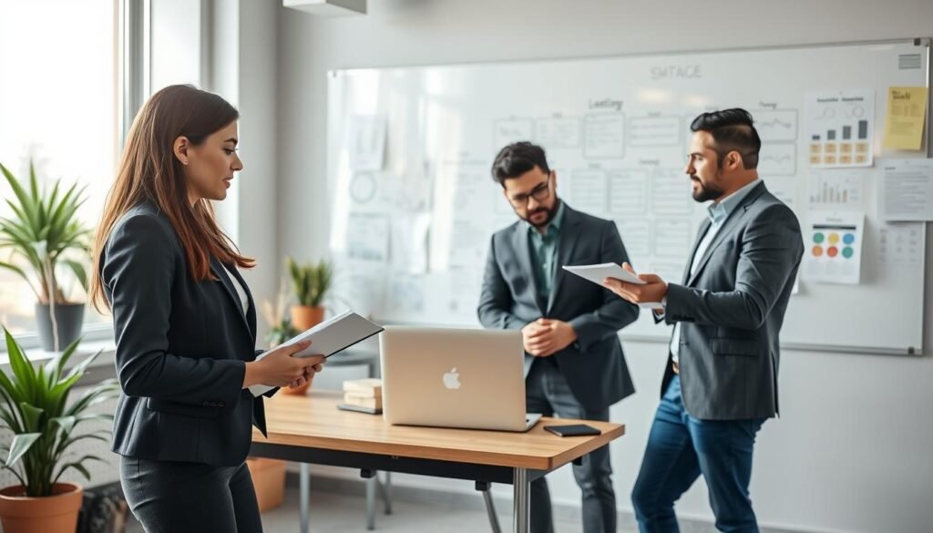 A professional setting showcasing a diverse group of entrepreneurs discussing strategies to start small and medium enterprises. In the foreground, a young woman in business attire is taking notes on a clipboard, while in the middle ground, two men, one in a suit and the other in casual smart wear, engage in a brainstorming session over a laptop and a notepad filled with ideas. The background features a large window with natural sunlight flooding the room, illuminating a whiteboard filled with strategic plans and diagrams. The atmosphere is energetic and collaborative, emphasizing innovation and teamwork, with a modern office decor, plants, and inspiring posters. The image should evoke a sense of motivation and professionalism, captured with soft lighting and a slight depth of field to highlight the group.