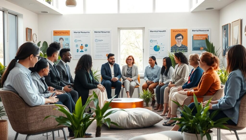 A serene mental health awareness scene set in a bright, modern community center. In the foreground, a diverse group of individuals of various ages and ethnicities engage in a supportive conversation, dressed in professional business attire and modest casual clothing. The middle ground features a cozy circle of chairs and warm lighting, with soft cushions and plants around to create a welcoming atmosphere. In the background, posters depicting mental health resources and workshops hang on the walls, emphasizing community support. Natural light streams through large windows, adding a sense of hope and tranquility to the mood, captured from a slightly elevated angle to showcase the interactions.
