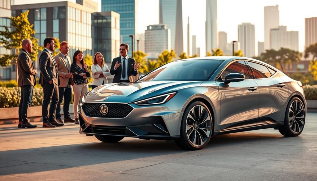 A sleek, futuristic MG electric vehicle with solid-state battery technology prominently displayed in a modern urban environment. In the foreground, the MG car showcases smooth lines and an aerodynamic design, highlighting its advanced features such as LED headlights and a stylish grill. In the middle ground, a diverse group of professionals in smart casual attire discuss the innovative aspects of electric vehicle technology, gesturing towards the car. The background features a clean city skyline with green spaces, symbolizing sustainability. The scene is illuminated by warm sunlight, creating a vibrant, optimistic atmosphere. The camera angle is slightly low, emphasizing the car’s impressive stature against the sophisticated urban landscape. A sleek, futuristic MG electric vehicle with solid-state battery technology prominently displayed in a modern urban environment. In the foreground, the MG car showcases smooth lines and an aerodynamic design, highlighting its advanced features such as LED headlights and a stylish grill. In the middle ground, a diverse group of professionals in smart casual attire discuss the innovative aspects of electric vehicle technology, gesturing towards the car. The background features a clean city skyline with green spaces, symbolizing sustainability. The scene is illuminated by warm sunlight, creating a vibrant, optimistic atmosphere. The camera angle is slightly low, emphasizing the car’s impressive stature against the sophisticated urban landscape.