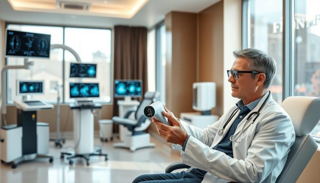 A sleek, modern healthcare clinic showcasing minimal invasive therapy technology. In the foreground, a professional doctor in a crisp lab coat and safety glasses is demonstrating a high-tech device on a patient, who is comfortably seated in a modern examination chair. The middle ground shows various advanced medical equipment and displays illustrating diagnostic data. The background features large windows with natural light streaming in, creating a warm, inviting atmosphere. Soft, diffused lighting enhances the clean, sterile environment of the clinic. The overall mood conveys innovation and trust in modern healthcare solutions, emphasizing the transformative impact of technology in medical services.