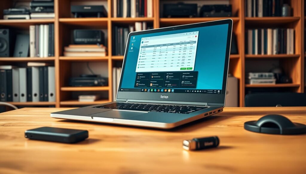 A sleek, modern laptop sitting on a stylish wooden desk, showcasing an open storage management software interface on the screen. In the foreground, various computer accessories like an external SSD and a USB flash drive are neatly arranged. The middle ground features a well-organized workspace, illuminated by soft, warm lighting that highlights the laptop's sophisticated design. In the background, a bookshelf filled with tech-related books and electronics adds depth to the scene. The angle captures the laptop slightly from above, emphasizing its screen while creating a professional and inviting ambiance. The overall mood is one of productivity and efficiency, aligning with the theme of optimizing laptop performance.