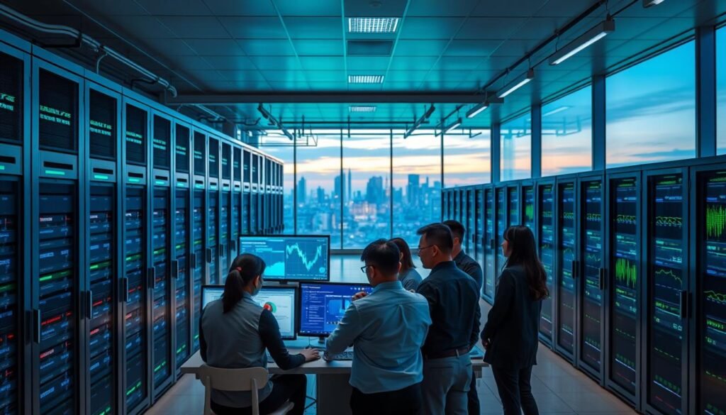 A state-of-the-art AI data center in Indonesia, showcasing sleek server racks and advanced computing equipment illuminated by soft blue and green LED lights. In the foreground, a diverse group of professionals in business attire collaborates at a high-tech workstation, analyzing data on large screens. The middle ground features rows of powerful servers and efficient cooling systems, with data visualizations projected on the walls. In the background, large windows reveal a panoramic view of Indonesia's skyline during dusk, casting a warm glow inside the center. The atmosphere is focused and innovative, highlighting the importance of artificial intelligence in enhancing efficiency and security in data management. The image should have a dynamic composition, captured from a slightly elevated angle to emphasize the scale and technology of the environment. A state-of-the-art AI data center in Indonesia, showcasing sleek server racks and advanced computing equipment illuminated by soft blue and green LED lights. In the foreground, a diverse group of professionals in business attire collaborates at a high-tech workstation, analyzing data on large screens. The middle ground features rows of powerful servers and efficient cooling systems, with data visualizations projected on the walls. In the background, large windows reveal a panoramic view of Indonesia's skyline during dusk, casting a warm glow inside the center. The atmosphere is focused and innovative, highlighting the importance of artificial intelligence in enhancing efficiency and security in data management. The image should have a dynamic composition, captured from a slightly elevated angle to emphasize the scale and technology of the environment.