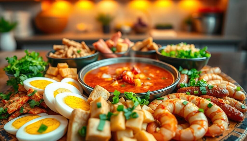 A vibrant and appetizing display of various seblak toppings arranged artistically on a traditional Indonesian wooden serving platter. In the foreground, showcase a variety of colorful toppings such as sliced boiled eggs, crispy fried tofu, succulent shrimp, and spicy sausage, all garnished with fresh cilantro and finely chopped green onions. In the middle, a steaming bowl of spicy seblak broth, rich in red chili hues, surrounded by bowls of additional toppings for texture. The background features a blurred kitchen setting, with warm, inviting lighting highlighting the delicious meal. Capture a close-up angle to emphasize the vibrant colors and textures, creating a mouth-watering and cozy atmosphere that draws viewers in, evoking the essence of enjoying homemade seblak.