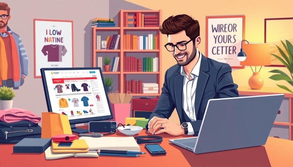 A vibrant and engaging illustration of a successful dropshipping business in action. In the foreground, depict a professional individual, a man in smart casual attire, browsing an online store on a laptop, surrounded by product samples like clothing and gadgets. In the middle, feature a colorful layout of various products, showcasing diversity in categories, arranged aesthetically on a table. In the background, create a cozy home office environment with warm lighting, featuring a bookshelf filled with business books and a motivational poster on the wall. The mood should be optimistic and entrepreneurial, evoking a sense of opportunity and potential for profit in online business.