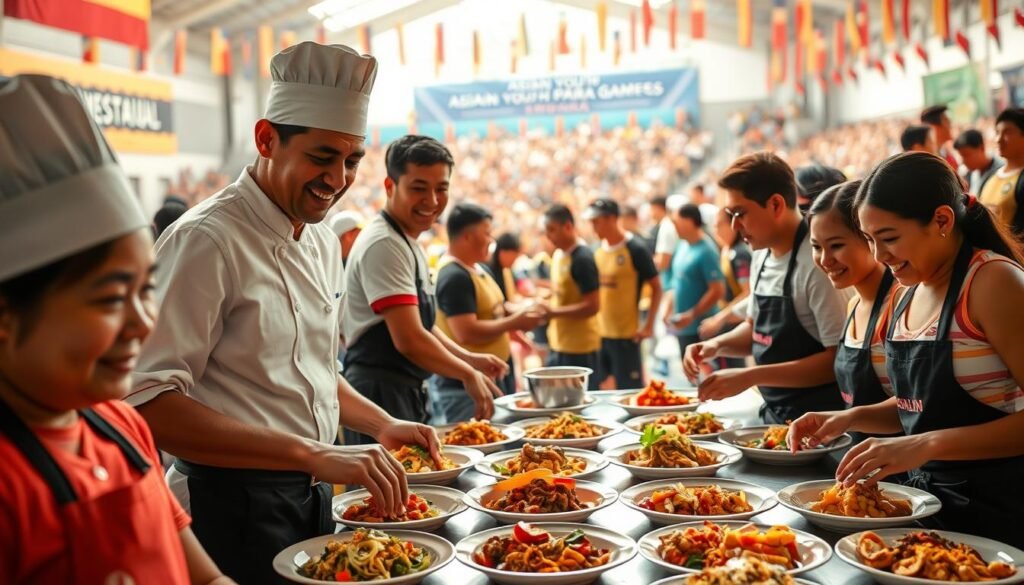 A vibrant and inviting scene showcasing a culinary support initiative for athletes with disabilities, set against the backdrop of a bustling Asian Youth Para Games atmosphere. In the foreground, a diverse group of professional chefs wearing neat culinary uniforms prepare traditional Indonesian dishes, their focus evident as they skillfully plate colorful meals. The middle ground features athletes in adaptive sports gear interacting joyfully, symbolizing camaraderie and encouragement. The background captures an energetic crowd, adorned with flags and banners celebrating the event. Warm, natural lighting enhances the cheerful mood, highlighting the rich textures of the food and the animated expressions on the participants’ faces. The overall atmosphere conveys a sense of positivity, support, and cultural pride. A vibrant and inviting scene showcasing a culinary support initiative for athletes with disabilities, set against the backdrop of a bustling Asian Youth Para Games atmosphere. In the foreground, a diverse group of professional chefs wearing neat culinary uniforms prepare traditional Indonesian dishes, their focus evident as they skillfully plate colorful meals. The middle ground features athletes in adaptive sports gear interacting joyfully, symbolizing camaraderie and encouragement. The background captures an energetic crowd, adorned with flags and banners celebrating the event. Warm, natural lighting enhances the cheerful mood, highlighting the rich textures of the food and the animated expressions on the participants’ faces. The overall atmosphere conveys a sense of positivity, support, and cultural pride.
