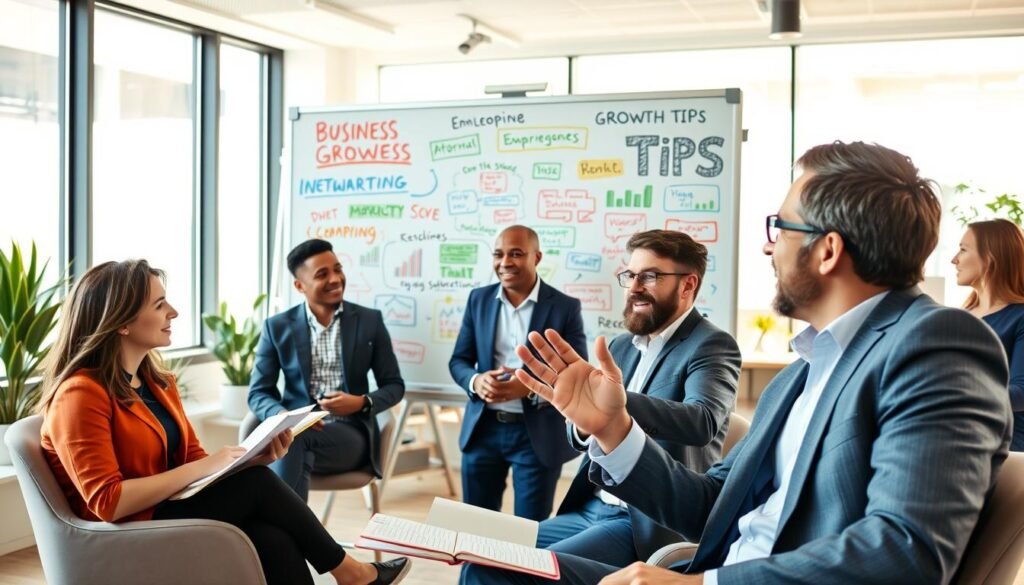 A vibrant and motivational scene depicting a diverse group of entrepreneurs engaging in discussions about business growth strategies. In the foreground, a seated woman in professional attire is taking notes in a notebook, while a man, also in business attire, gestures enthusiastically as he shares an idea. In the middle ground, a whiteboard filled with colorful diagrams and charts outlining growth tips is visible, showcasing keywords like "innovation," "networking," and "marketing." The background features a bright office space with modern décor, large windows allowing natural light to flood in, creating an inspiring atmosphere. The overall mood is energetic and optimistic, emphasizing collaboration and creativity in developing small businesses. The image is taken from a slightly elevated angle to encompass the entire setting while focusing on the engaged faces of the individuals.