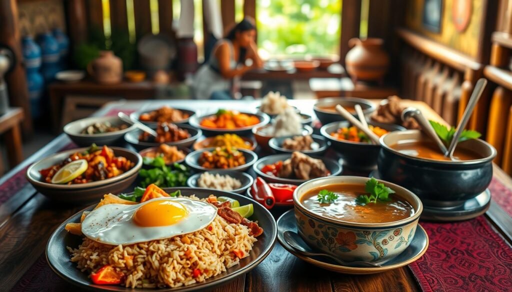 A vibrant display of traditional Javanese cuisine, arranged in a rustic wooden setting. In the foreground, an exquisite plate of Nasi Goreng adorned with a fried egg, accompanied by vibrant side dishes like tempeh, and fresh vegetables. Next to it, a steaming bowl of Soto Ayam, garnished with lime and cilantro, adds warmth. In the middle ground, a wooden table filled with various traditional Javanese dishes, intricate batik patterns decorating the tablecloth, and colorful spices arranged artistically. In the background, softly blurred, an open kitchen with a glimpse of a cook stirring a traditional clay pot, bathed in warm, natural sunlight. The atmosphere is inviting and rich with cultural essence, evoking the warmth and hospitality of Java.