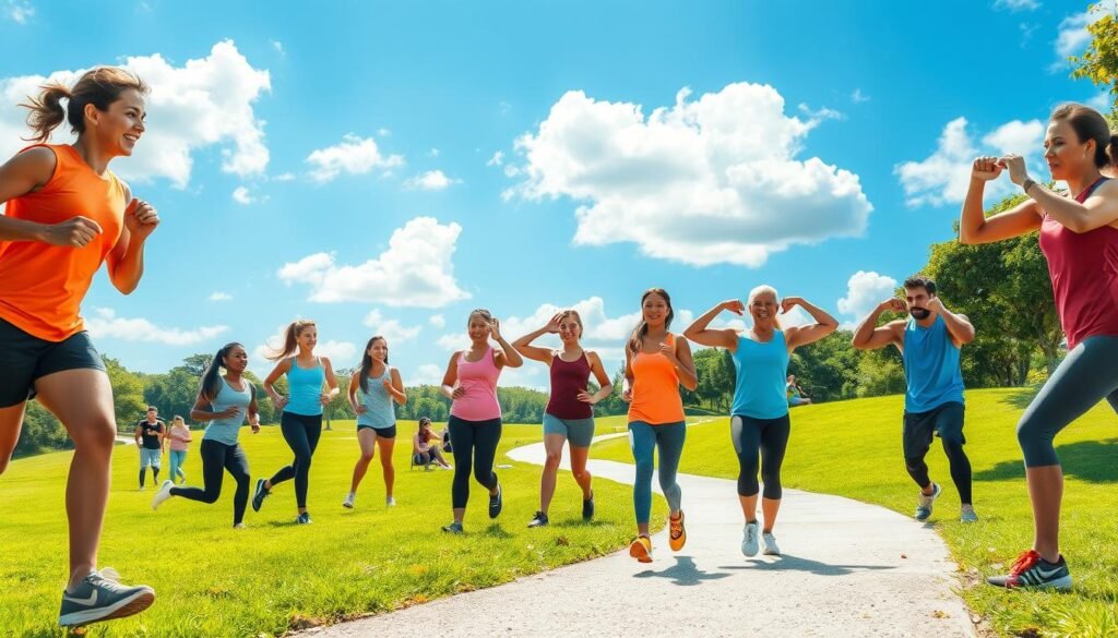 A vibrant fitness scene depicting various individuals engaged in different forms of exercise to embody the theme of "Tip Olahraga." In the foreground, a diverse group of people, dressed in professional athletic wear, enthusiastically participate in activities like jogging, yoga, and weightlifting. In the middle ground, a serene park setting showcases lush greenery and a path winding through it, symbolizing a welcoming space for fitness. The background features a bright blue sky with soft, fluffy clouds, enhancing the positive atmosphere. Natural sunlight casts gentle shadows, creating depth and warmth. The entire composition conveys motivation and positivity, encouraging viewers to embrace a healthy lifestyle and maintain exercise consistency.