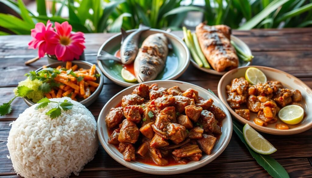 A vibrant flat lay of traditional Sumatra dishes, featuring Nasi Goreng, Rendang, and Ikan Bakar, artfully arranged on a rustic wooden table. In the foreground, steaming rice garnished with cilantro sits next to a colorful platter of tender meat, showcasing rich spices and herbs. The middle ground highlights a plate of grilled fish with fresh lime, surrounded by bright and fresh vegetables, emphasizing the region's culinary diversity. The background consists of lush greenery, symbolizing Sumatra's rich natural environment, with soft, natural lighting creating a warm and inviting atmosphere. The image aims to evoke a sense of cultural richness and tradition, making the viewer feel a connection to the local heritage of Indonesia.