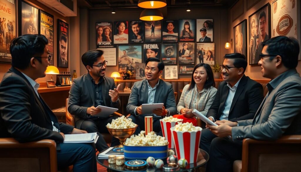 A vibrant scene depicting a group of five passionate Indonesian film reviewers engaged in a lively discussion about movies. In the foreground, the reviewers, dressed in professional attire, are animatedly sharing their insights, with notebooks and tablets in hand. The middle ground features a stylish café setting filled with film posters on the walls and a coffee table strewn with popcorn and movie memorabilia. The background shows a softly lit ambiance with warm lighting, creating an inviting atmosphere. The reviewers' expressions convey enthusiasm and knowledge, reflecting their expertise in evaluating films. The image should convey a professional yet dynamic mood, emphasizing collaboration and the love for cinema, shot at eye level to capture the intimate exchange among the reviewers. A vibrant scene depicting a group of five passionate Indonesian film reviewers engaged in a lively discussion about movies. In the foreground, the reviewers, dressed in professional attire, are animatedly sharing their insights, with notebooks and tablets in hand. The middle ground features a stylish café setting filled with film posters on the walls and a coffee table strewn with popcorn and movie memorabilia. The background shows a softly lit ambiance with warm lighting, creating an inviting atmosphere. The reviewers' expressions convey enthusiasm and knowledge, reflecting their expertise in evaluating films. The image should convey a professional yet dynamic mood, emphasizing collaboration and the love for cinema, shot at eye level to capture the intimate exchange among the reviewers.