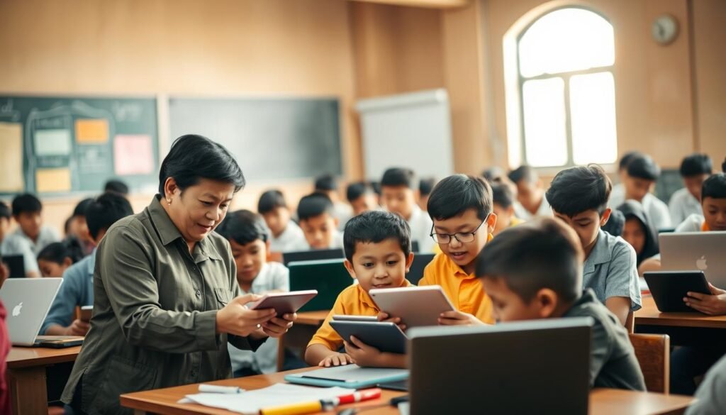 A bustling classroom in Indonesia, filled with diverse students of various ages engaged in using tablets and laptops for learning. In the foreground, a teacher, dressed in modest professional attire, guides a group of excited children as they collaborate on a digital project. The middle ground shows more students absorbed in their devices, showcasing a mix of traditional classroom elements like chalkboards and modern technology. In the background, a large window lets in warm, natural light, illuminating the space and creating an inviting atmosphere. The overall mood is one of innovation and determination, highlighting the challenges and excitement of embracing educational technology in Indonesia. Soft focus on the background adds depth, while a slight tilt-shift effect emphasizes the interaction in the foreground. A bustling classroom in Indonesia, filled with diverse students of various ages engaged in using tablets and laptops for learning. In the foreground, a teacher, dressed in modest professional attire, guides a group of excited children as they collaborate on a digital project. The middle ground shows more students absorbed in their devices, showcasing a mix of traditional classroom elements like chalkboards and modern technology. In the background, a large window lets in warm, natural light, illuminating the space and creating an inviting atmosphere. The overall mood is one of innovation and determination, highlighting the challenges and excitement of embracing educational technology in Indonesia. Soft focus on the background adds depth, while a slight tilt-shift effect emphasizes the interaction in the foreground.