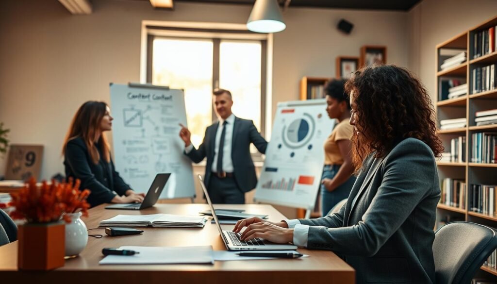 A professional workspace featuring a diverse group of individuals collaborating on creating high-quality content. In the foreground, a woman in smart casual attire is typing on a laptop with a focused expression, while a man wearing business attire points to a whiteboard with visually engaging notes and diagrams. The middle-ground includes a large window letting in warm, natural light, illuminating the space with a productive atmosphere. The background contains shelves filled with books on content creation and marketing. The scene conveys a sense of teamwork, innovation, and professionalism, with a soft focus to emphasize clarity and purpose. The overall mood is inspiring and dynamic, perfect for illustrating principles of effective content creation.