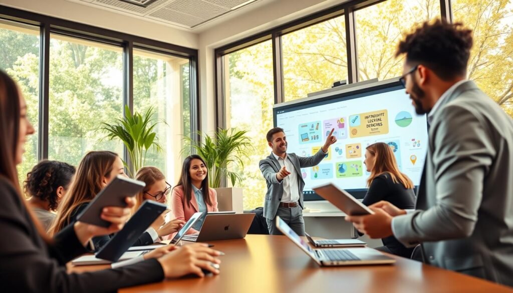 A vibrant and engaging classroom scene showcasing interactive learning in a modern educational setting. In the foreground, diverse students of various ethnic backgrounds, wearing professional business attire, are enthusiastically collaborating on a digital project using tablets and laptops. The middle ground features a dynamic teacher guiding the students, animatedly pointing at an interactive whiteboard that displays colorful educational graphics. In the background, large windows let in warm natural light, creating an inviting atmosphere filled with greenery. The overall mood is one of excitement and curiosity, emphasizing the revolutionary benefits of technology in education. The angle is slightly elevated, capturing the interaction among the students and the teacher, highlighting their engagement and enthusiasm. A vibrant and engaging classroom scene showcasing interactive learning in a modern educational setting. In the foreground, diverse students of various ethnic backgrounds, wearing professional business attire, are enthusiastically collaborating on a digital project using tablets and laptops. The middle ground features a dynamic teacher guiding the students, animatedly pointing at an interactive whiteboard that displays colorful educational graphics. In the background, large windows let in warm natural light, creating an inviting atmosphere filled with greenery. The overall mood is one of excitement and curiosity, emphasizing the revolutionary benefits of technology in education. The angle is slightly elevated, capturing the interaction among the students and the teacher, highlighting their engagement and enthusiasm.