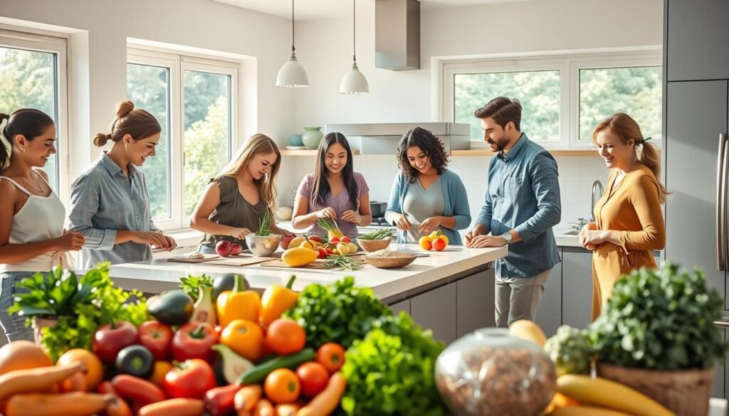 A vibrant kitchen scene showcasing a healthy meal preparation to illustrate stroke prevention through diet. In the foreground, a diverse group of individuals in professional casual attire is engaging in cooking together. One person is chopping fresh vegetables, while another prepares whole grains, all around a bright, sunlit kitchen island. The middle ground features an array of colorful fruits and vegetables, emphasizing balanced nutrition, arranged artistically on a countertop. In the background, large windows allow natural light to flood the space, creating a warm and inviting atmosphere. The mood is cheerful and collaborative, reflecting community and health awareness. Use soft lighting to enhance the freshness of the ingredients, shot from a slightly elevated angle to capture the dynamic interaction and layout of the vibrant kitchen scene. A vibrant kitchen scene showcasing a healthy meal preparation to illustrate stroke prevention through diet. In the foreground, a diverse group of individuals in professional casual attire is engaging in cooking together. One person is chopping fresh vegetables, while another prepares whole grains, all around a bright, sunlit kitchen island. The middle ground features an array of colorful fruits and vegetables, emphasizing balanced nutrition, arranged artistically on a countertop. In the background, large windows allow natural light to flood the space, creating a warm and inviting atmosphere. The mood is cheerful and collaborative, reflecting community and health awareness. Use soft lighting to enhance the freshness of the ingredients, shot from a slightly elevated angle to capture the dynamic interaction and layout of the vibrant kitchen scene.