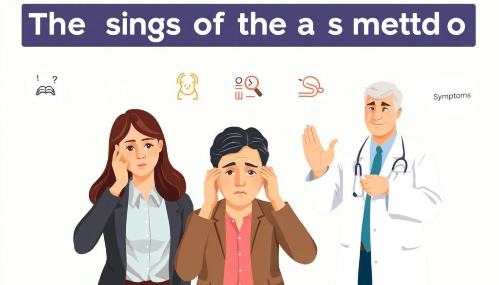 A visually engaging illustration depicting the signs of a stroke using the FAST method, focusing on facial drooping, arm weakness, and speech difficulties. In the foreground, show a diverse group of three people: a woman and a man in professional attire, expressing concern, with clear signs of distress on their faces, while the third person, a healthcare professional in a lab coat, demonstrates how to check for symptoms. The middle ground features simple, soft-focused visual icons or symbols corresponding to each symptom (like a drooping face, a raised arm, and speech bubbles). The background is a gentle gradient of calming colors, suggesting urgency without panic. The lighting is bright and clinical, emphasizing clarity and seriousness, captured from a slightly elevated angle to provide an overview of the scene. A visually engaging illustration depicting the signs of a stroke using the FAST method, focusing on facial drooping, arm weakness, and speech difficulties. In the foreground, show a diverse group of three people: a woman and a man in professional attire, expressing concern, with clear signs of distress on their faces, while the third person, a healthcare professional in a lab coat, demonstrates how to check for symptoms. The middle ground features simple, soft-focused visual icons or symbols corresponding to each symptom (like a drooping face, a raised arm, and speech bubbles). The background is a gentle gradient of calming colors, suggesting urgency without panic. The lighting is bright and clinical, emphasizing clarity and seriousness, captured from a slightly elevated angle to provide an overview of the scene.